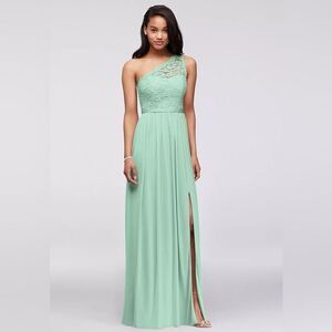 David's Bridal F17063 Mint Green One Shoulder Lace & Chiffon Maxi Dress NEW Sz 6
